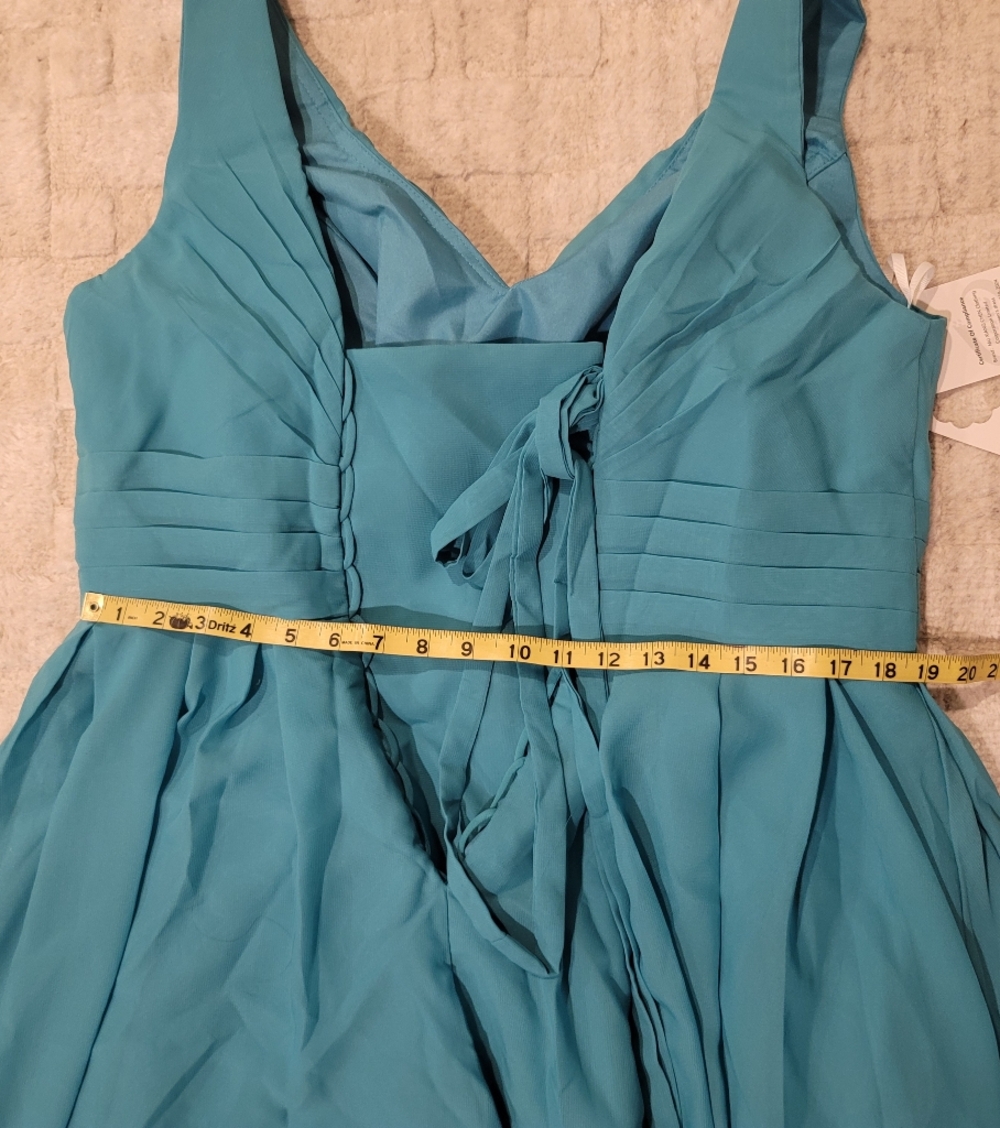 NWT MU XIANG CHEN Teal Chiffon Corseted Fit and Flare Short Dress Size 18 - Picture 11 of 16